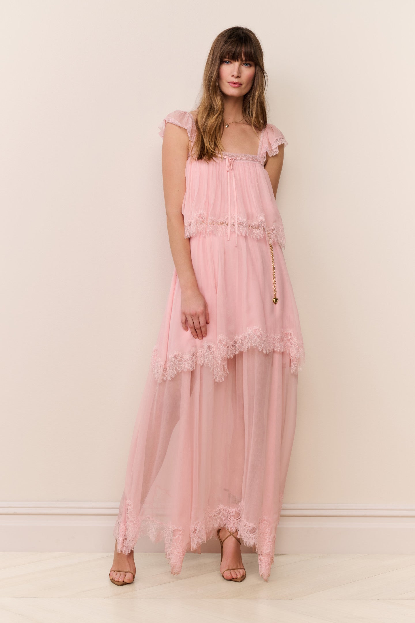 Pink Tiered Chiffon Dress with Lace Trim and Gold Accents Pink Tiered Chiffon Dress with Lace Trim and Gold Accents — Chiffon Dress Outfits 2027