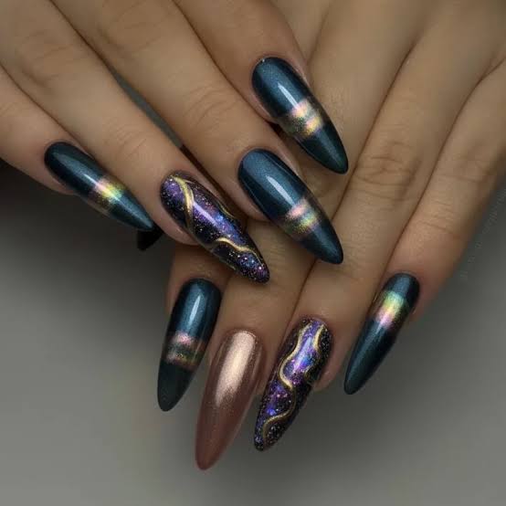 Deep Teal Galaxy Cat Eye with Gold Foil Deep Teal Galaxy Cat Eye with Gold Foil — Cat Eye Nails 2027