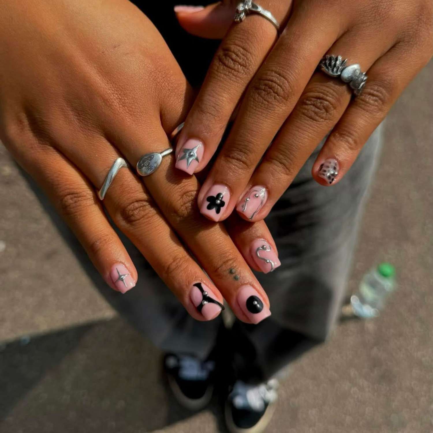 Short Square Light Pink Black Lines Short Square Light Pink Black Lines — Nails 2027 for Wide Nail Beds