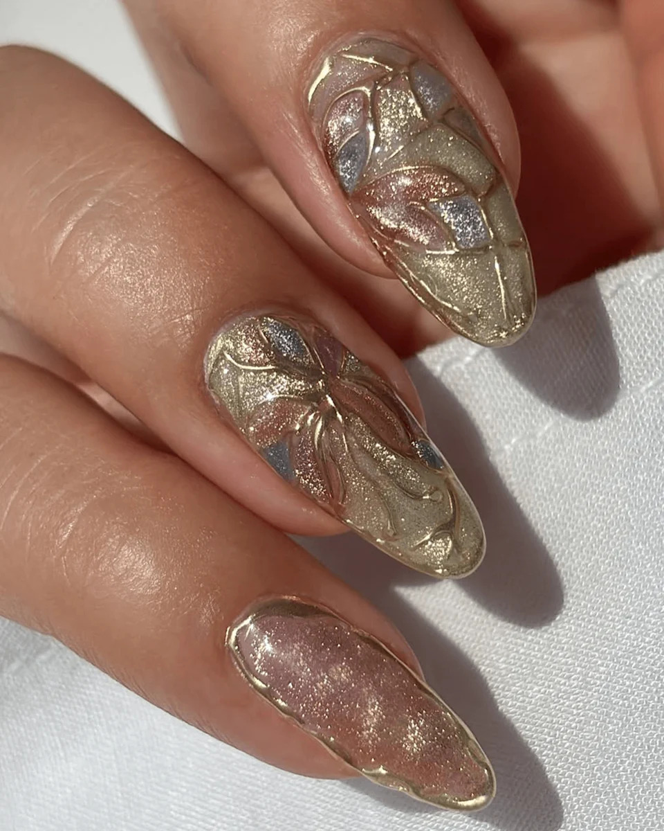 Shimmering Nude with Delicate Butterfly Art Shimmering Nude with Delicate Butterfly Art — Short Butterfly Coffin Nails 2027