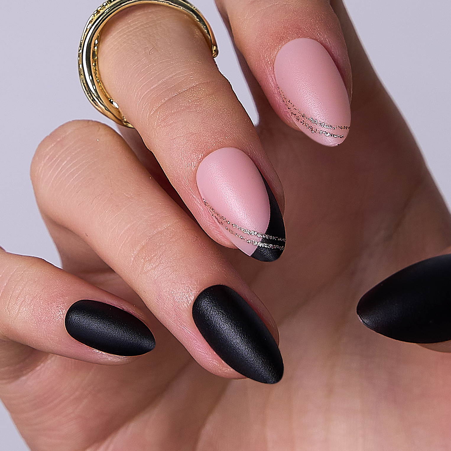 Matte Black and Pink Glitter Line Almonds — Almond Nails 2027