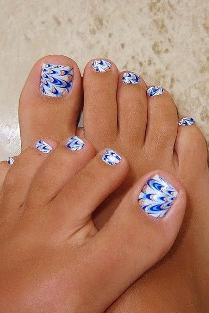 Blue and White Abstract Swirl Pedicure — Toe Nails 2027 for Women Over 60