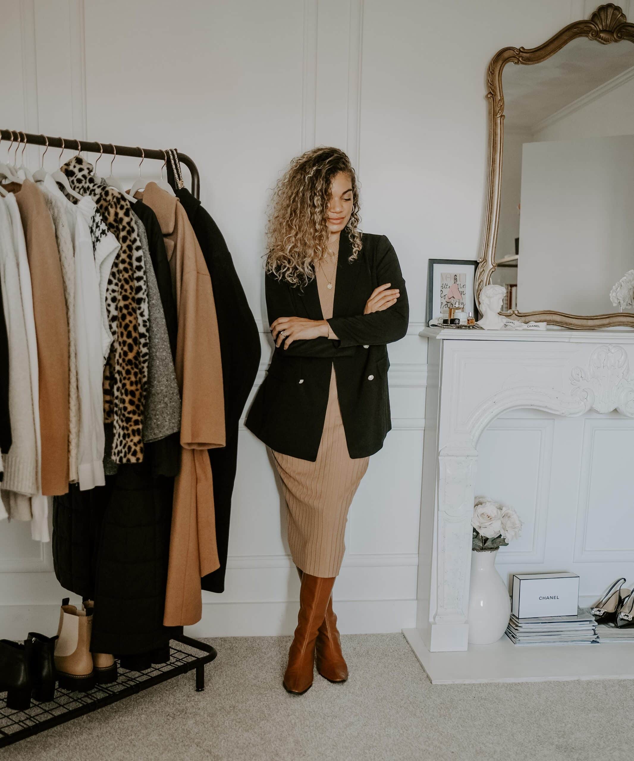 Chic Beige Dress with an Oversized Blazer and Boots Chic Beige Dress with an Oversized Blazer and Boots — Winter Outfits 2027 for Work