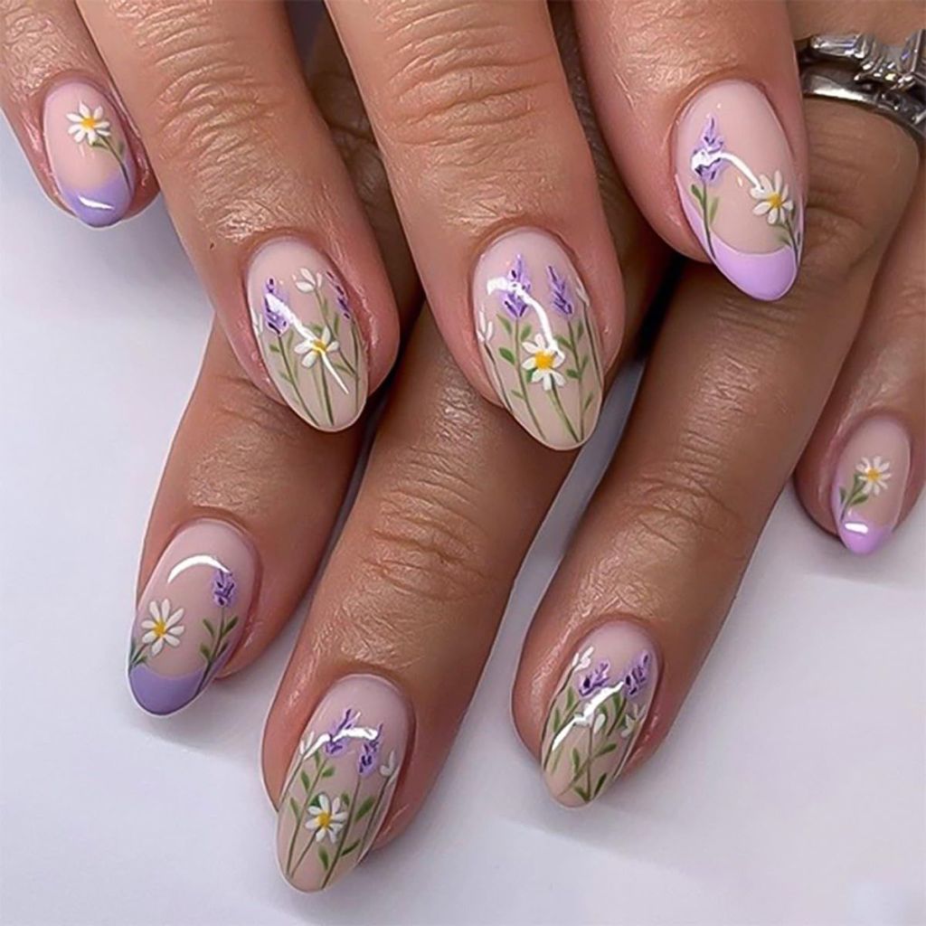 Lavender Daisy French Tip Almonds Lavender Daisy French Tip Almonds — Wildflower Flower Nails 2027