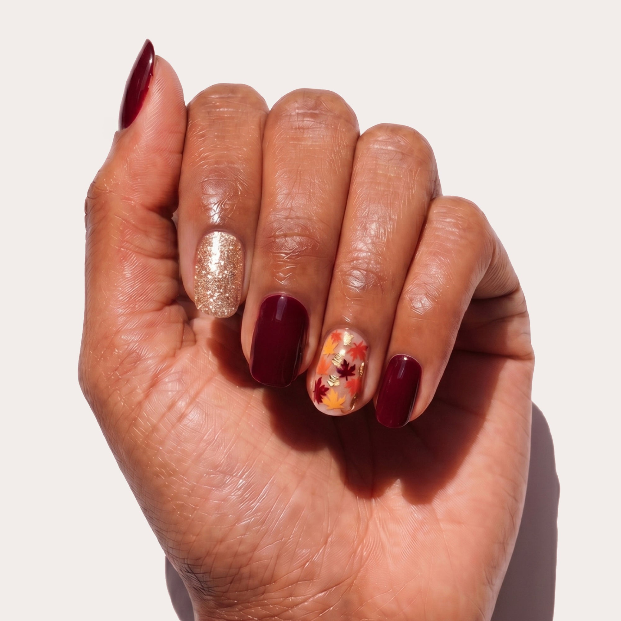 Burgundy with Gold Leaf Decals Burgundy with Gold Leaf Decals — Short Fall Nails 2026