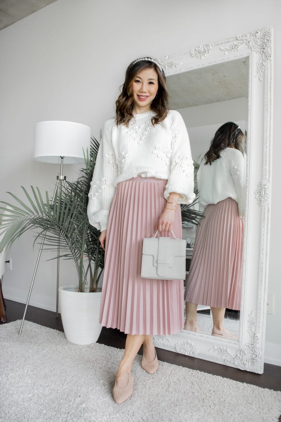 Feminine White Sweater with Textured Embellishments and Pink Skirt — Sweater and Skirt Outfits 2027