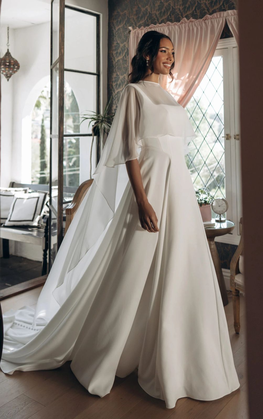 Ivory Crepe A-Line Wedding Dress with Square Neckline and Cape Overlay Ivory Crepe A-Line Wedding Dress with Square Neckline and Cape Overlay — Square Neck Wedding Dresses 2027