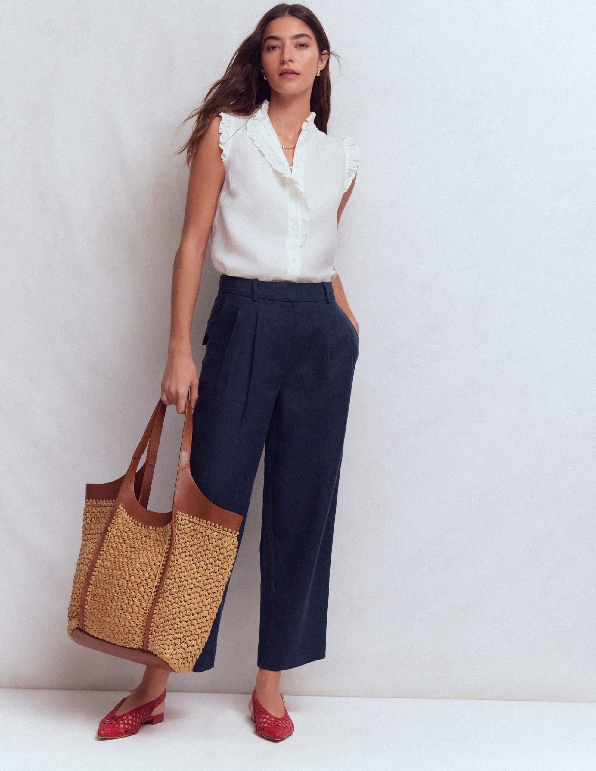 Red Flats Outfit Idea — Navy Blue Linen Pants Outfits 2027