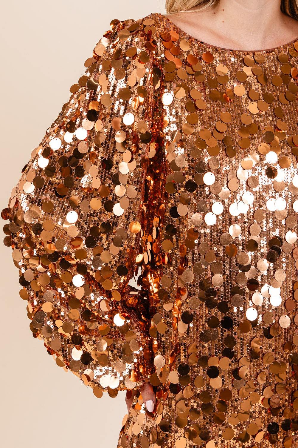 Bronze Long-Sleeve Crew Neck Sequin Dress — Sequin Dress New Years 2027