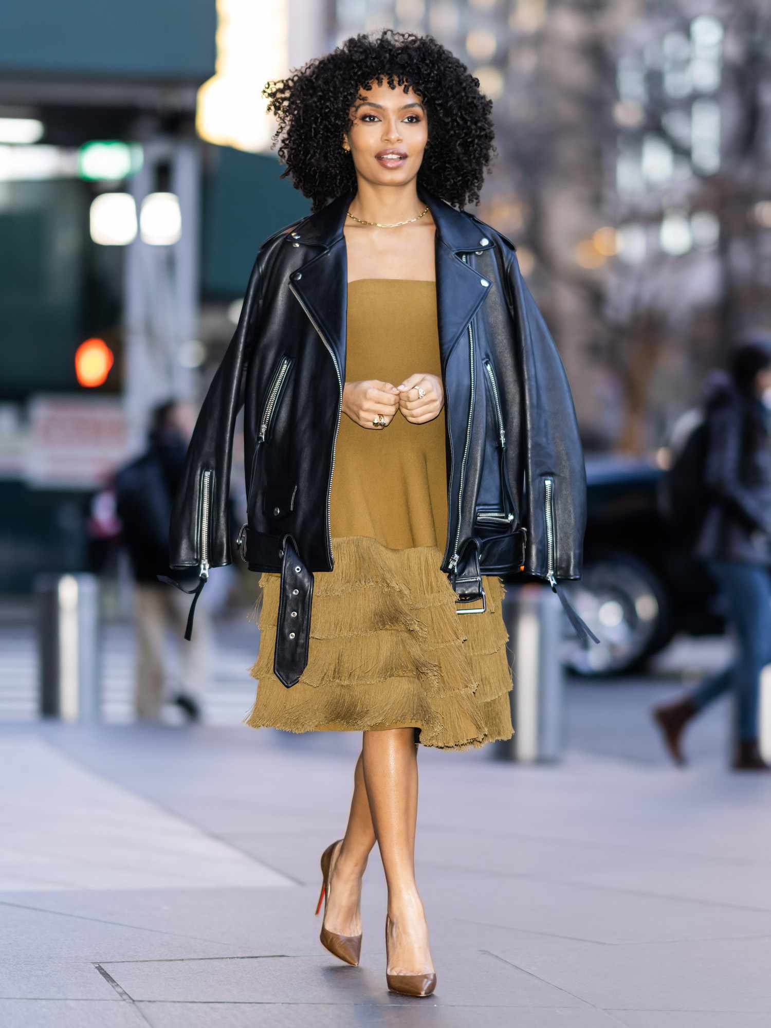 Bohemian Street Style: Moto Jacket with Fringed Mini Dress Bohemian Street Style: Moto Jacket with Fringed Mini Dress — Dress 2027 with Leather Jacket Outfit
