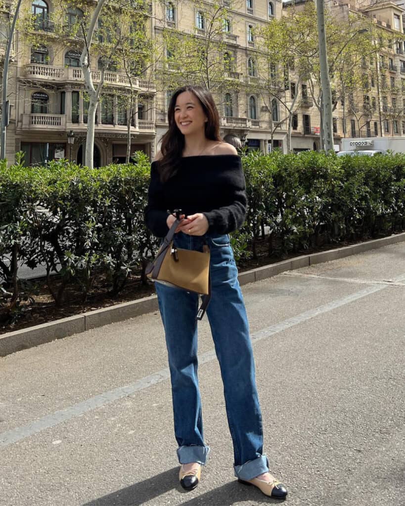 Off-the-Shoulder Knit Sweater with Wide-Leg Jeans — Barcelona Outfits 2027
