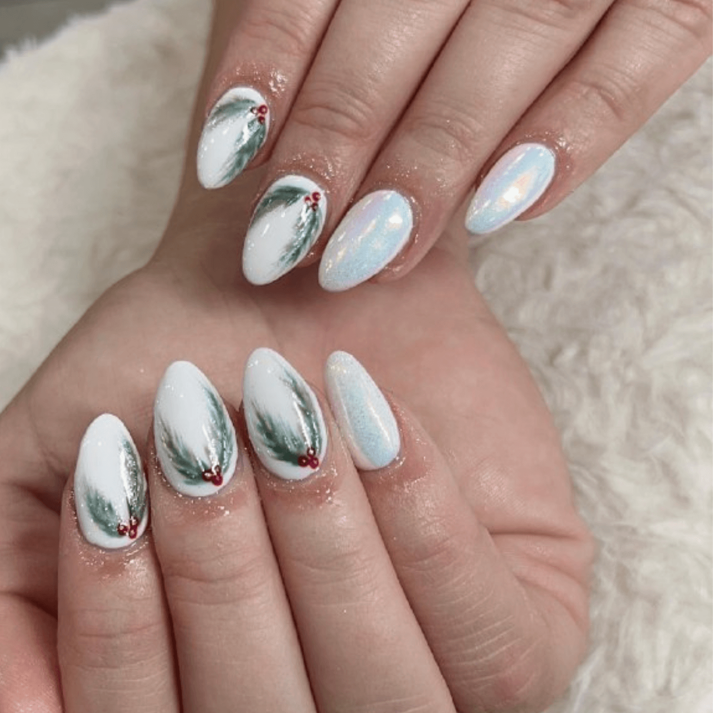 White Pine Branch Red Berry Almond Nails White Pine Branch Red Berry Almond Nails — Neutral Christmas Nails 2026