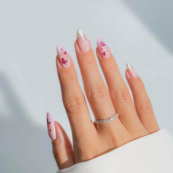 Light Pink Scattered Butterfly Decals Almonds — Short Butterfly Almond Nails 2027