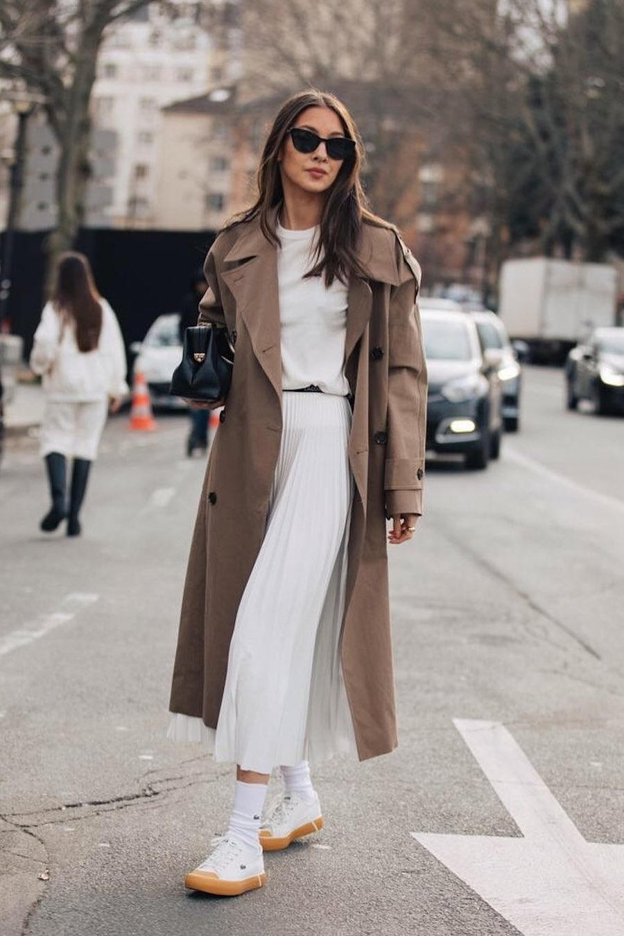 Brown Trench Coat with Pleated Midi Skirt and Sneakers — Spring Outfits 2027 with Trench Coat