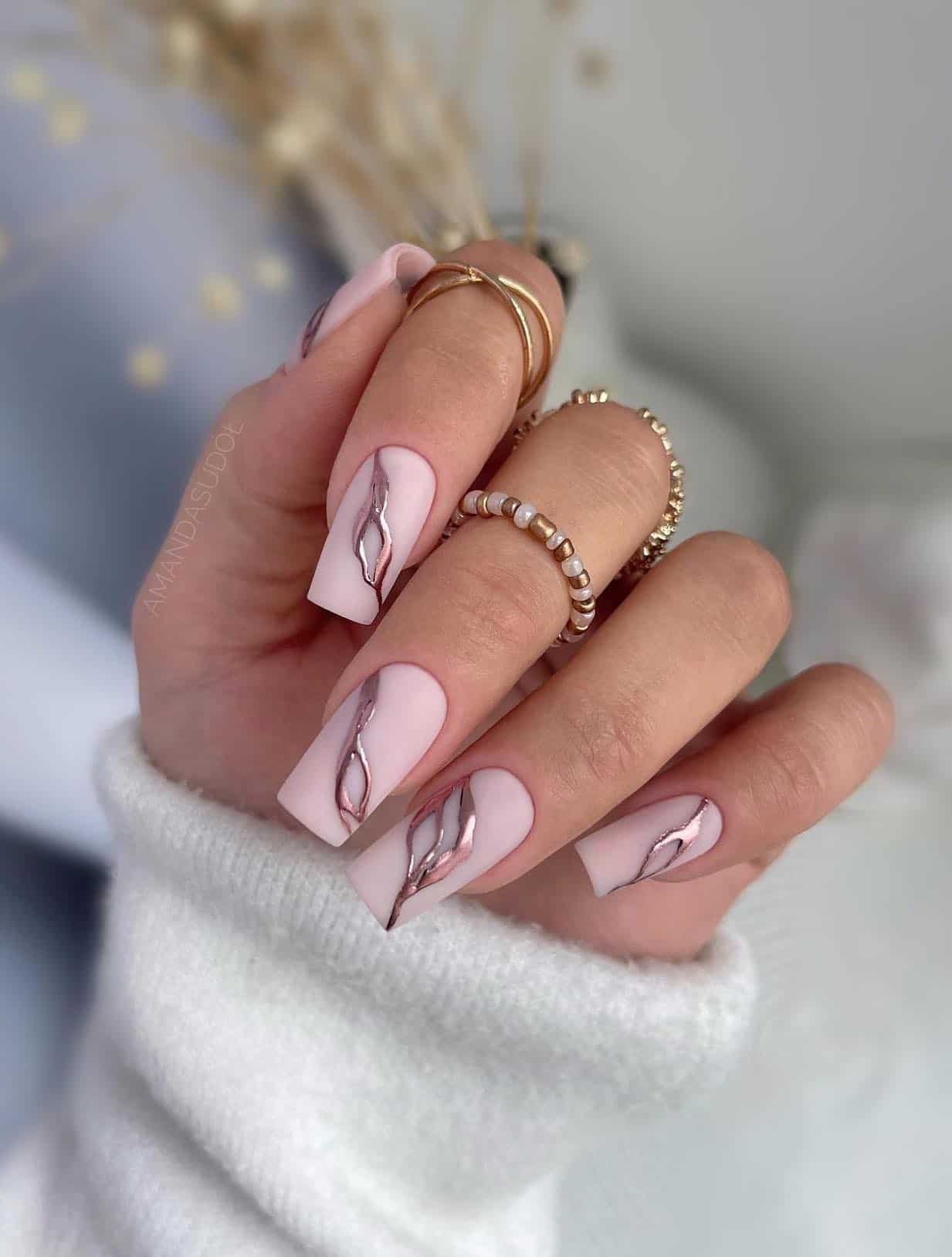 Long Square Pale Pink Matte With Rose Gold Foil Long Square Pale Pink Matte With Rose Gold Foil — Simple Graduation Nails 2027
