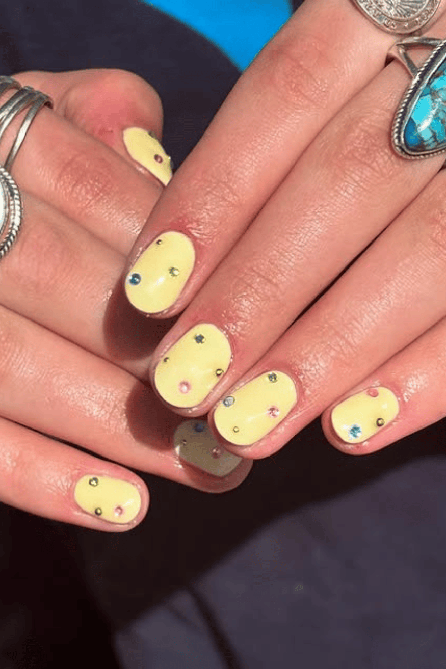 Small Rhinestones Scattered On All Nails Visual Idea — Yellow Nails 2027
