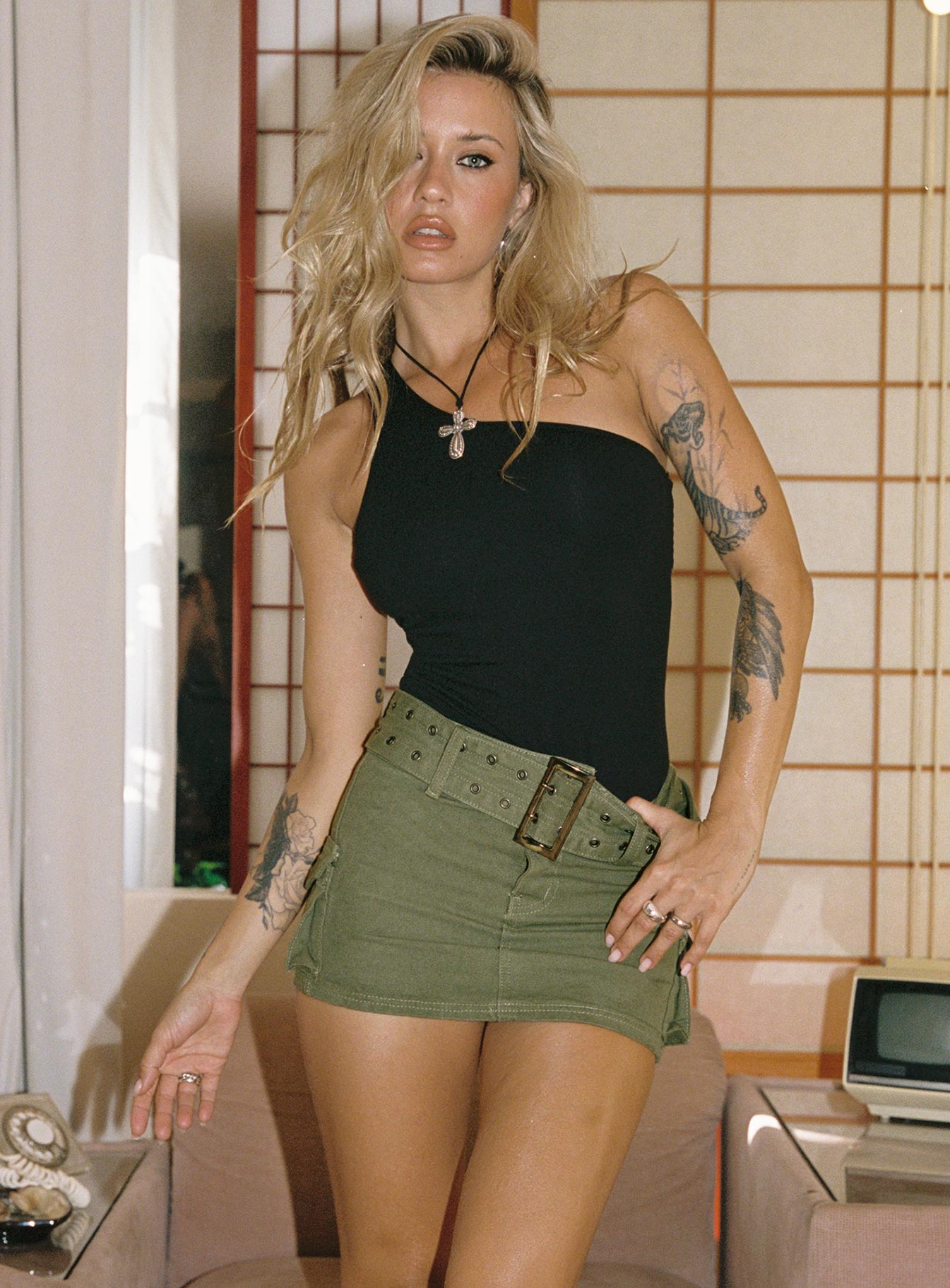 Khaki Green Mini Cargo Skirt with Buckle Belt — Cargo Skirts 2027