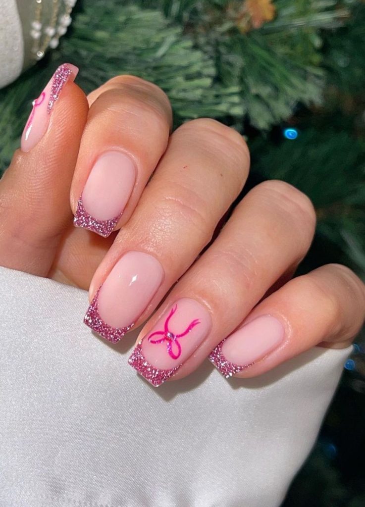 Medium Square Sheer Pink with Glitter Tips & Bow — Pink Bow Nails 2027