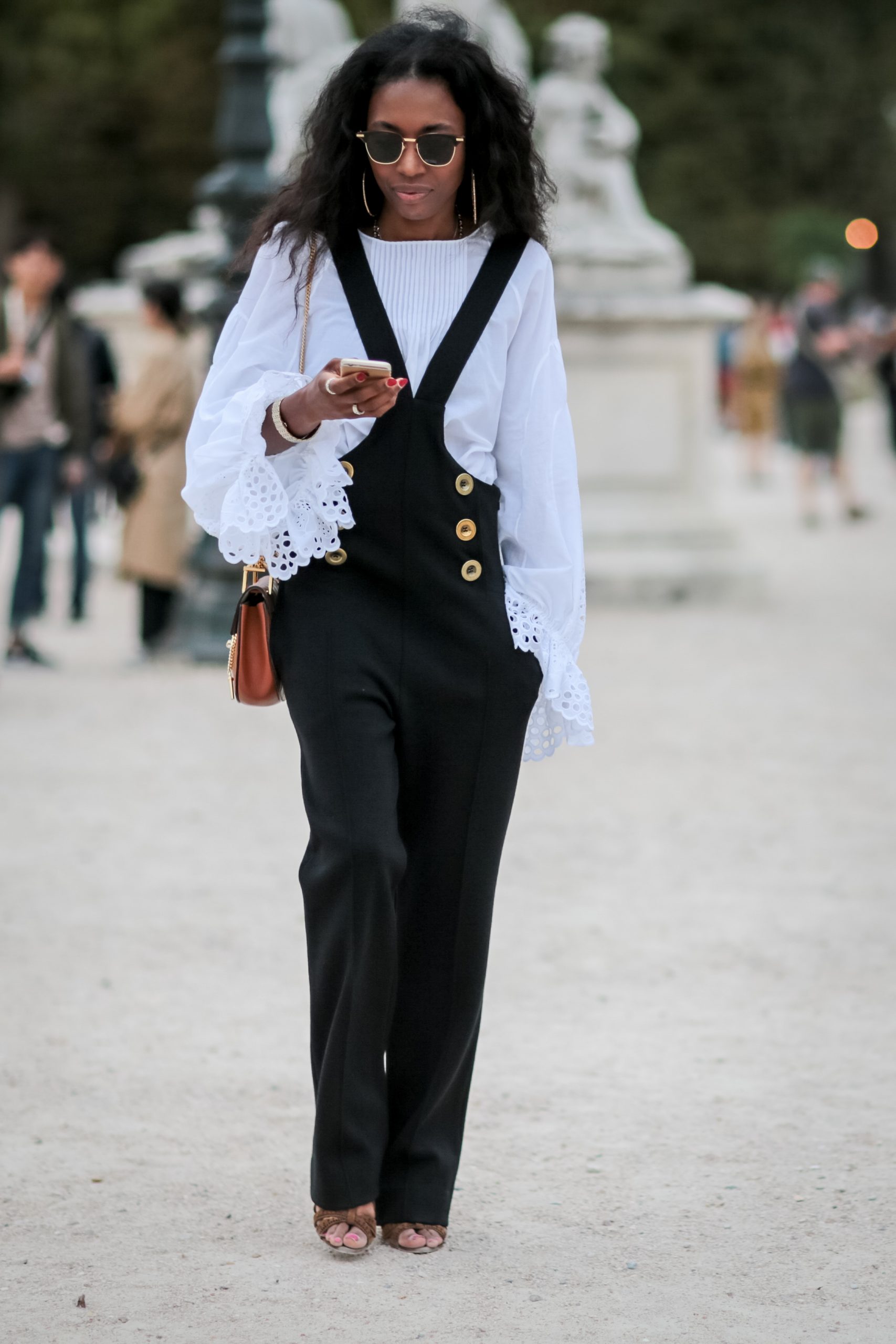 Black Overalls Over Eyelet Lace White Top — Black and White Outfits 2027
