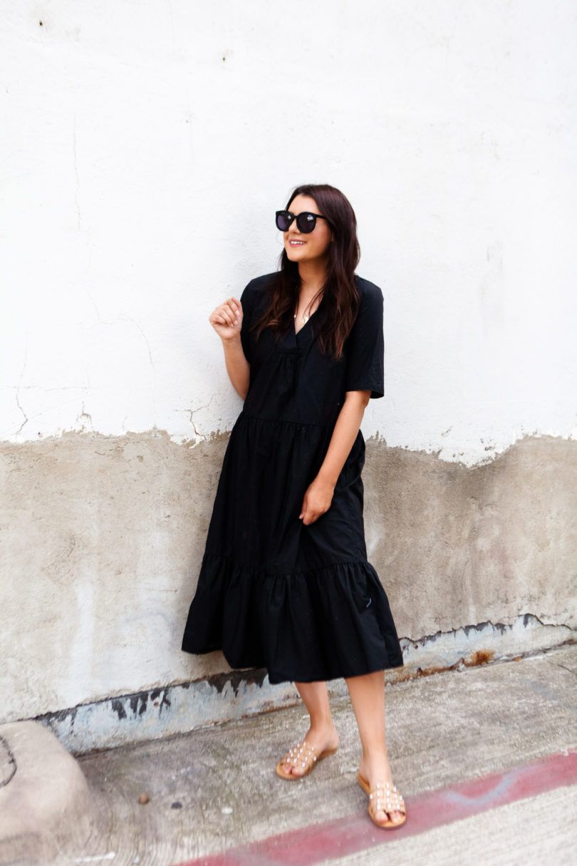 Relaxed Tiered Black Midi Dress with Embellished Sandals Relaxed Tiered Black Midi Dress with Embellished Sandals — Little Black Dress Outfits 2027