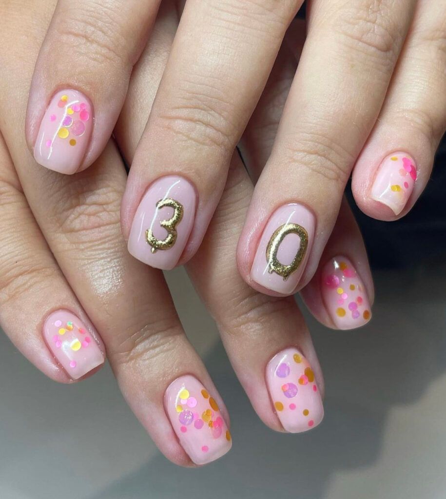 Pale Pink Short Square with Gold '30' & Confetti — 30th Birthday Nails 2027