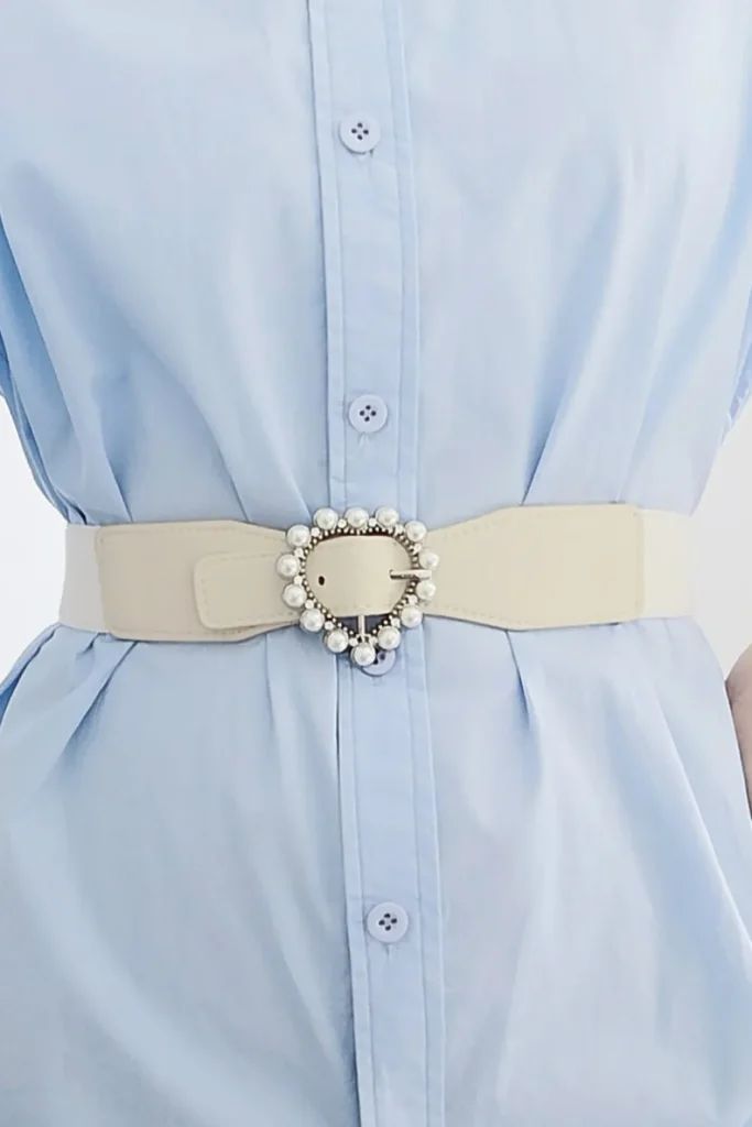 Shirt Dress with Heart Buckle Belt and Pearl Embellishments Shirt Dress with Heart Buckle Belt and Pearl Embellishments — Statement Belt Outfits 2027