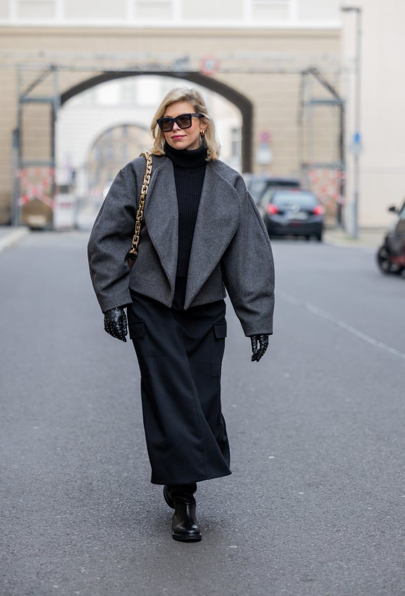 Modern Monochrome: Oversized Grey Jacket, Black Turtleneck, and Maxi Skirt — Cold Weather Outfits 2027