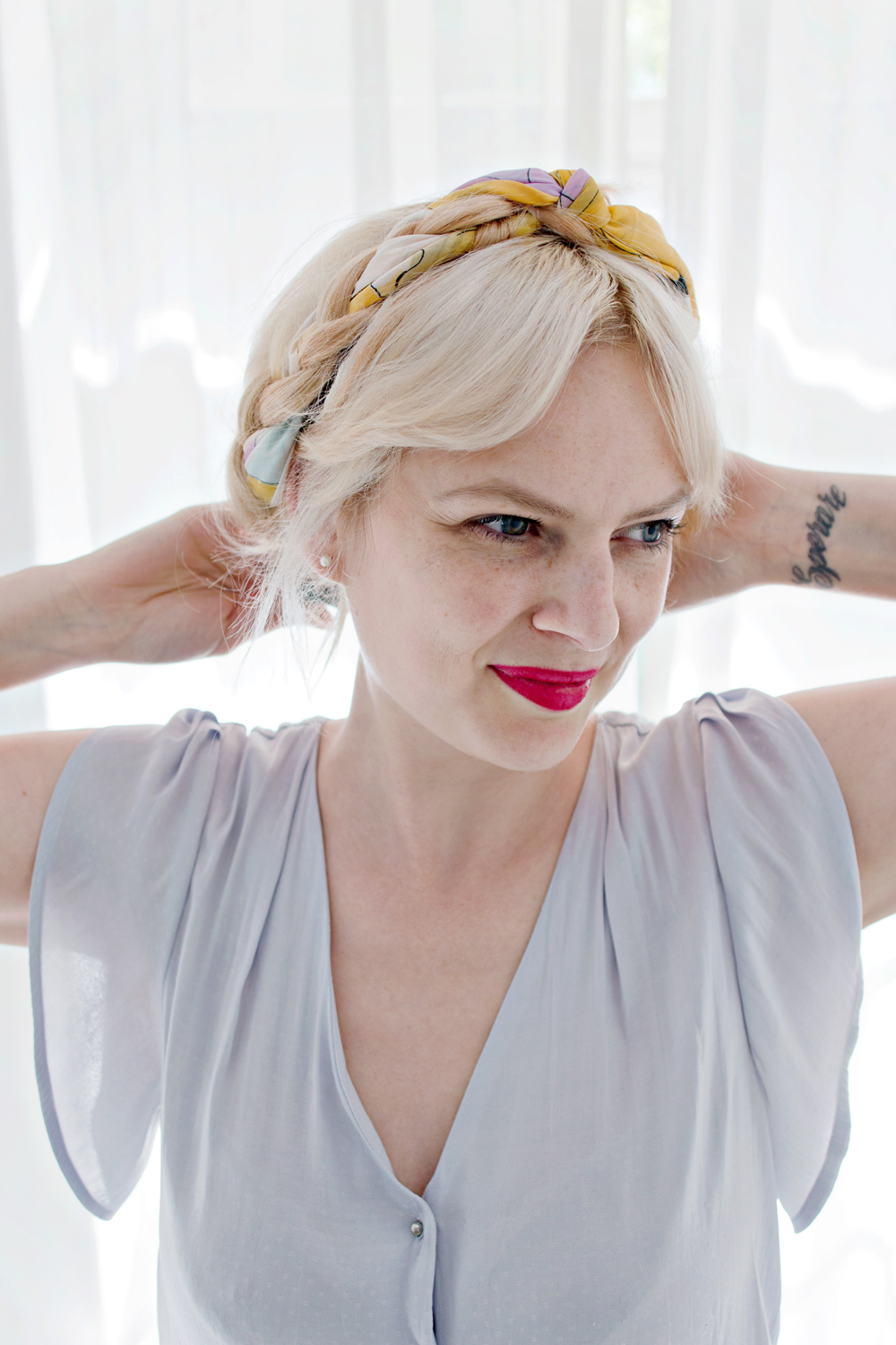 Ash Blonde Braided Updo With Scarf Ash Blonde Braided Updo With Scarf — Scarf Hairstyles 2027