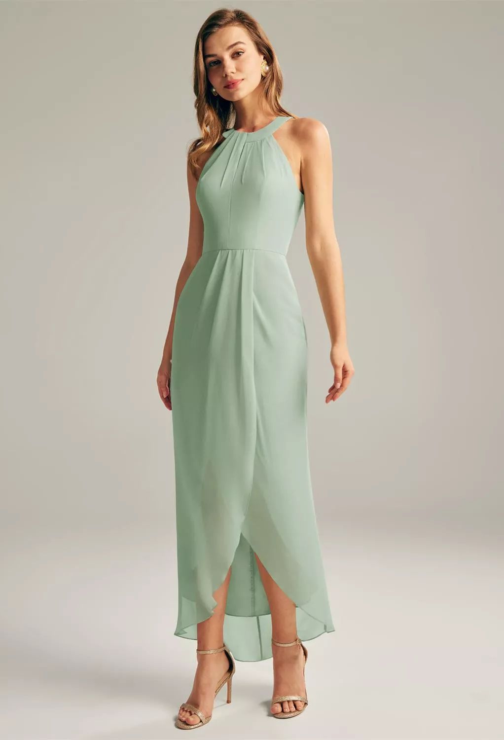 Mint Green Halter Dress with Draped Tulip Skirt Mint Green Halter Dress with Draped Tulip Skirt — Country Wedding Guest Dress 2027
