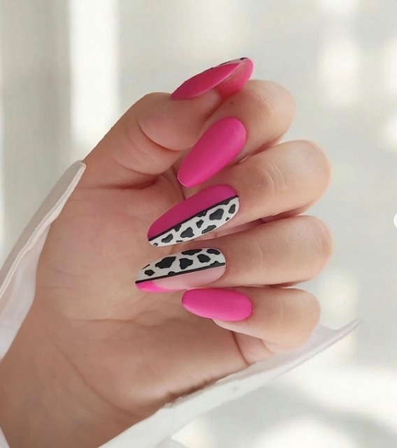 Hot Pink Matte Cow Print Oval Nails Hot Pink Matte Cow Print Oval Nails — Long Nails 2027