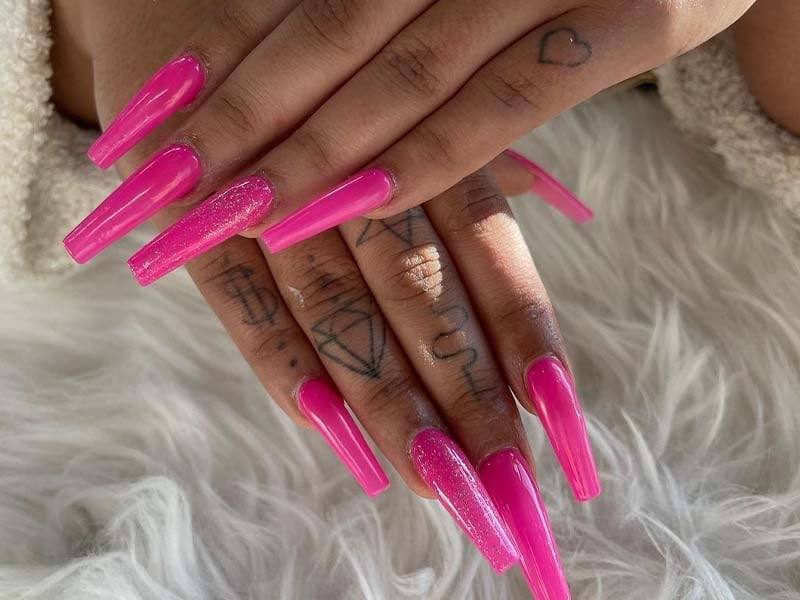 Vibrant Pink with Glitter Accents — Long Coffin Nails 2027