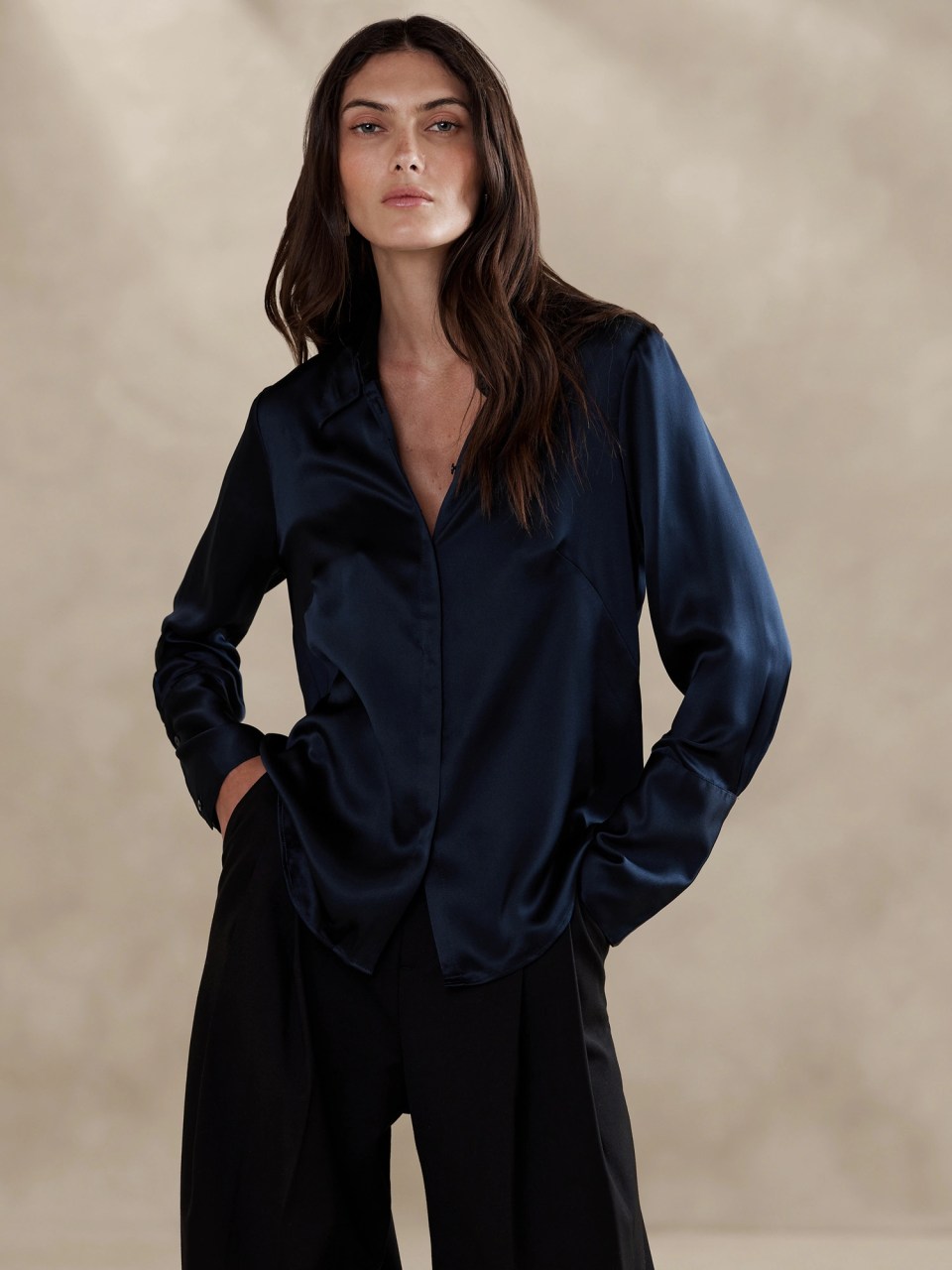 Navy Relaxed-Fit Satin Button-Down with Wide-Leg Trousers — Satin Top Outfits 2027