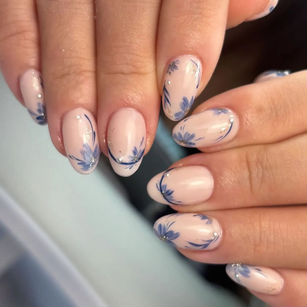 Short Oval with Blue Floral Line Art — Floral Wedding Nails 2027