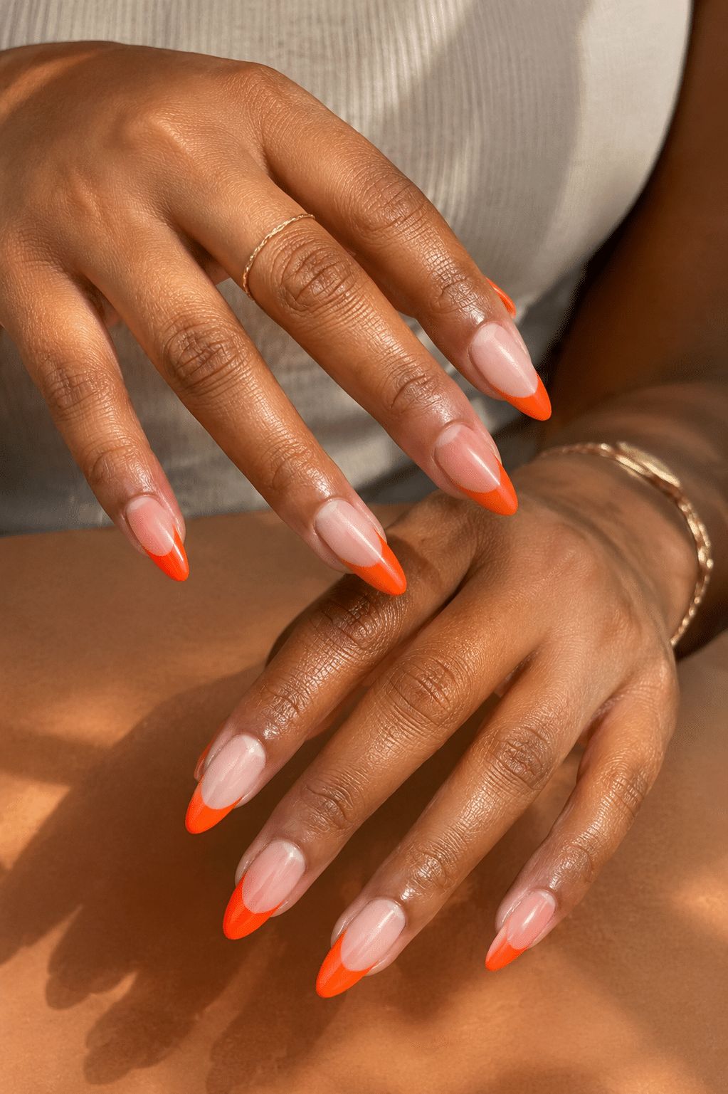 Sheer Nude With Vibrant Orange French Tips — Coral French Tip Nails 2027