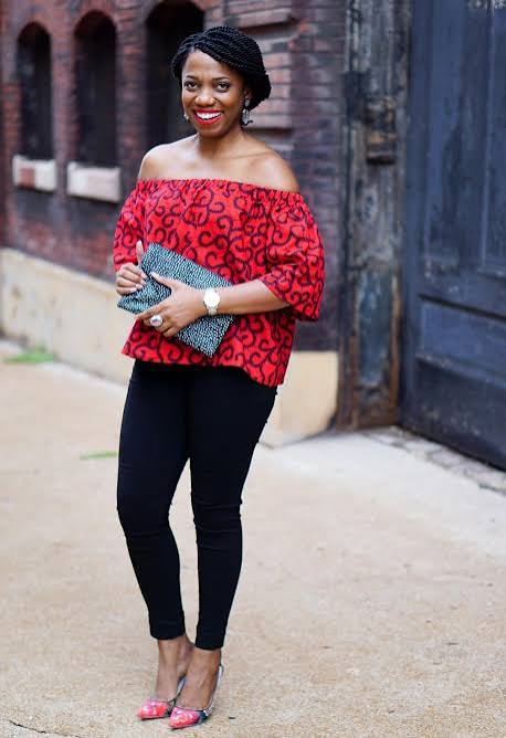 Red Off-the-Shoulder Top with Black Skinny Pants — Plus Size Thanksgiving Outfits 2026
