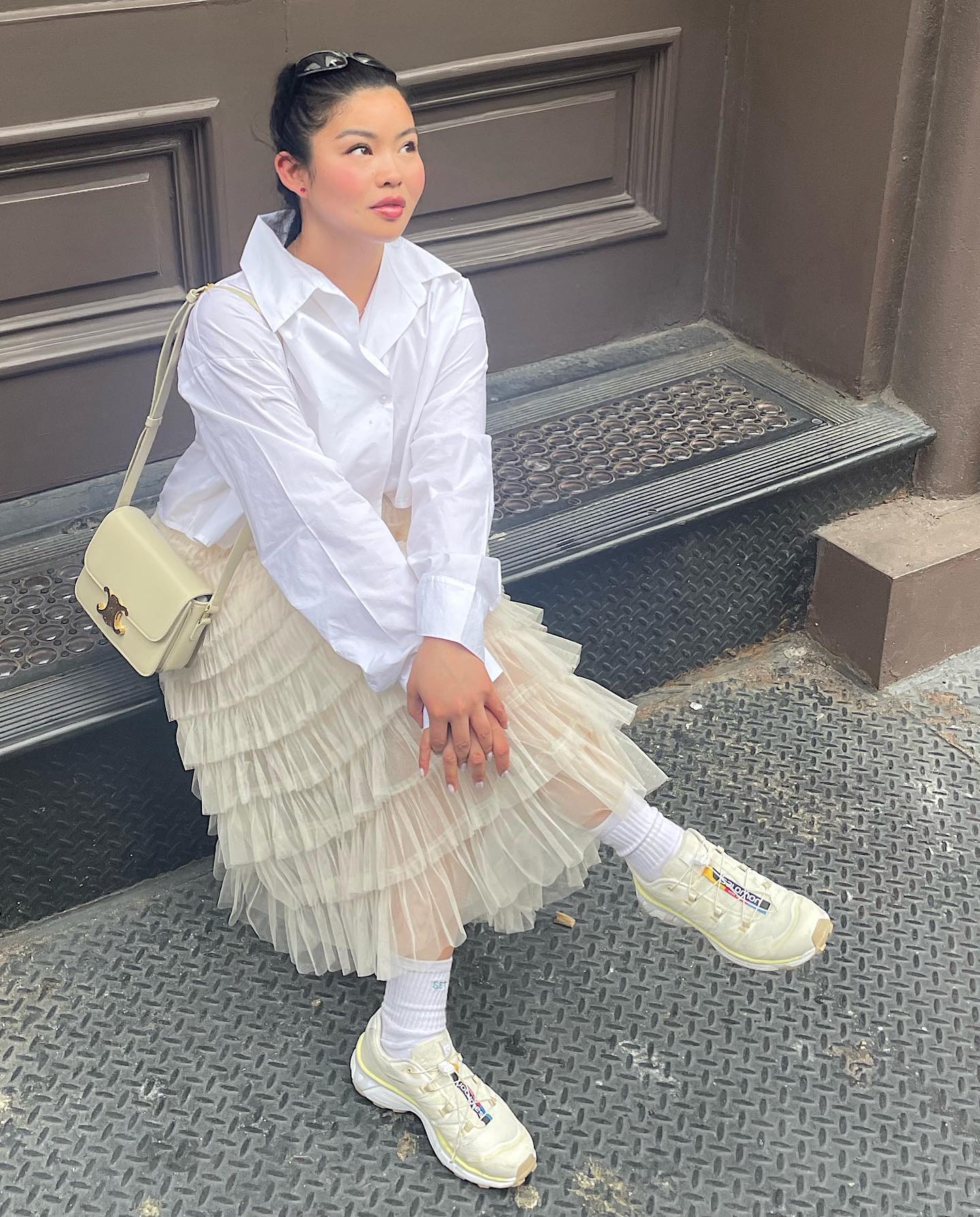 Sheer Tulle Skirt with Oversized Button-Down — Tiered Skirt Outfits 2027