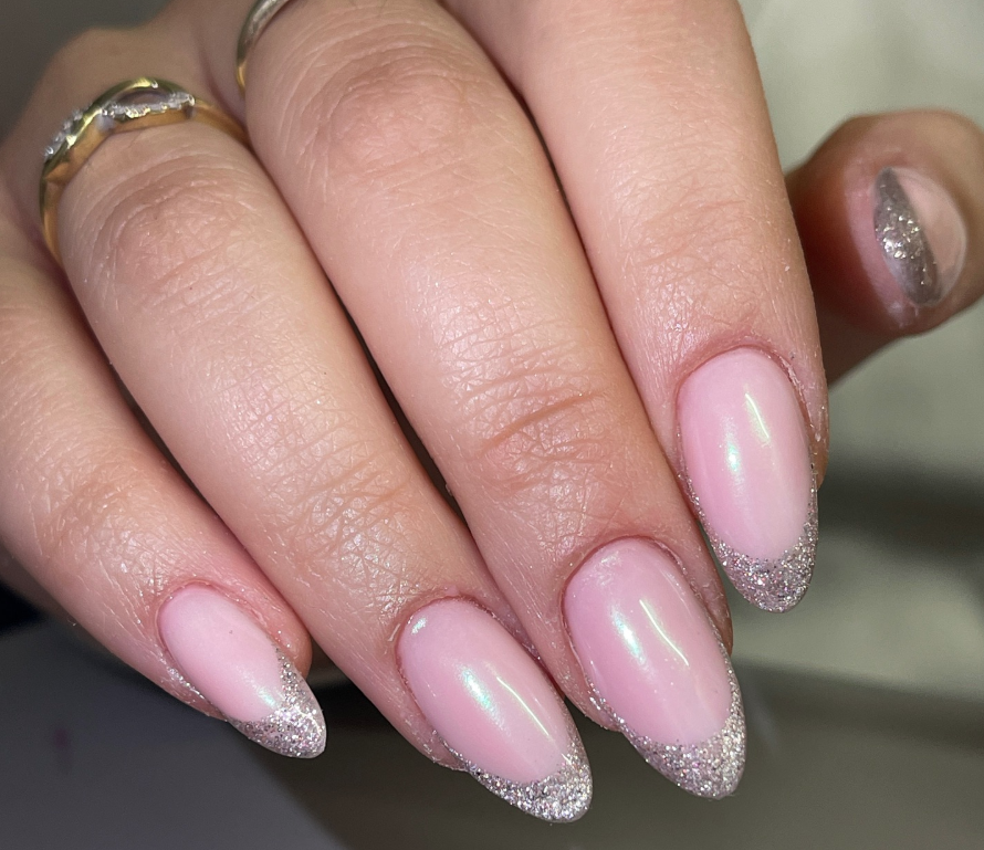 Glossy With Glitter Pale Pink Glitter French Almond Glossy With Glitter Pale Pink Glitter French Almond — Medium Length Winter Nails 2027