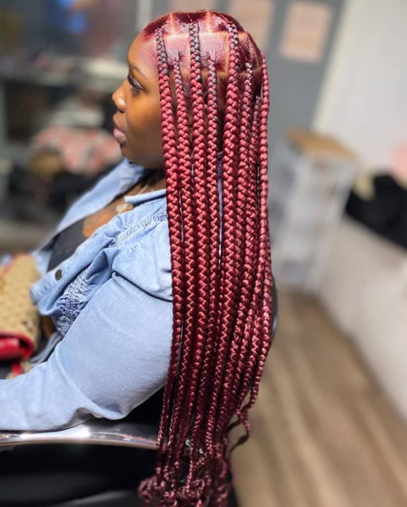 Mid-Back Burgundy Box Braids With Neat Parting Mid-Back Burgundy Box Braids With Neat Parting — Burgundy Knotless Braids 2027