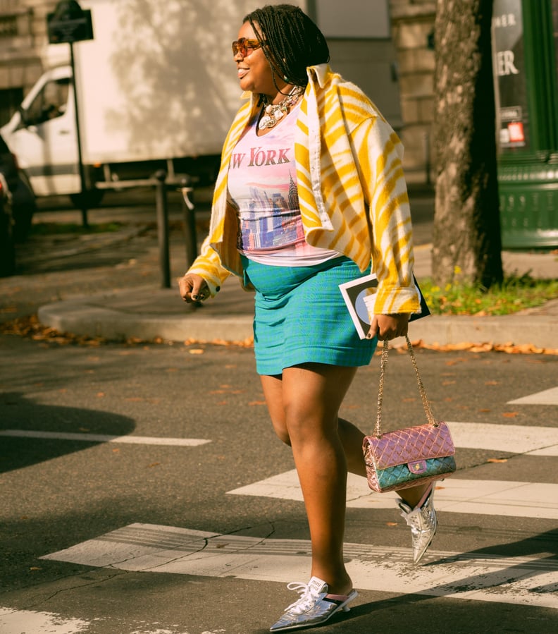 Striped Jacket with Graphic Tee and Mini Skirt — Y2K Outfits 2027