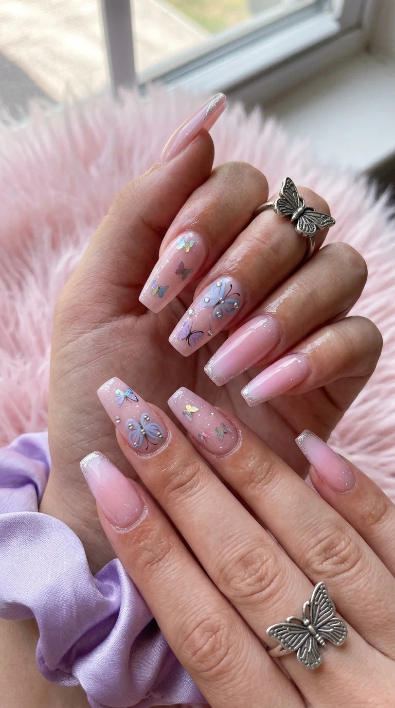 Sheer Pink 3D Butterflies and Glitter Sheer Pink 3D Butterflies and Glitter — Short Butterfly Coffin Nails 2027