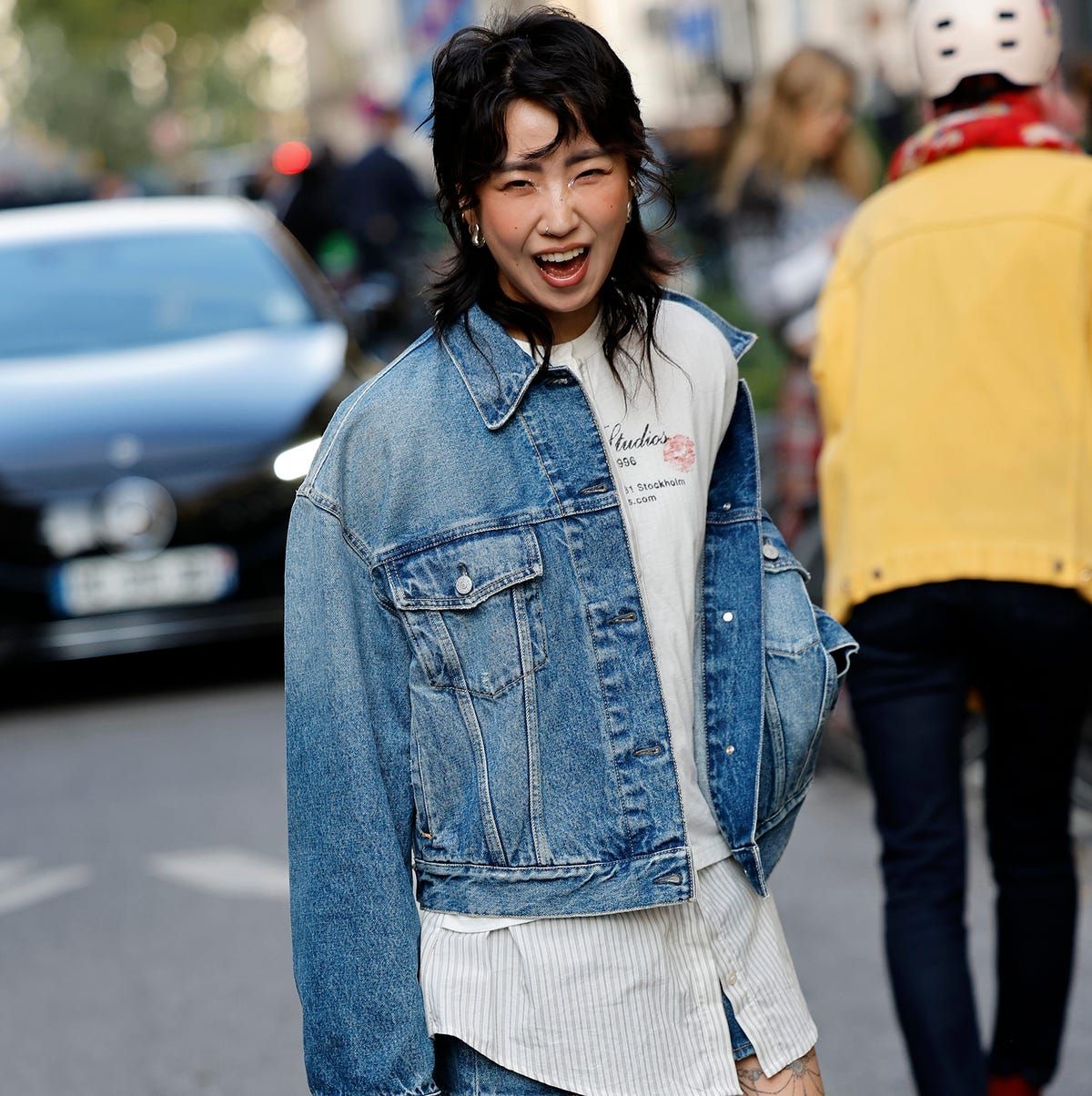 Blue Denim Jacket with Layered Shirts and Sneakers — Denim Jackets 2027