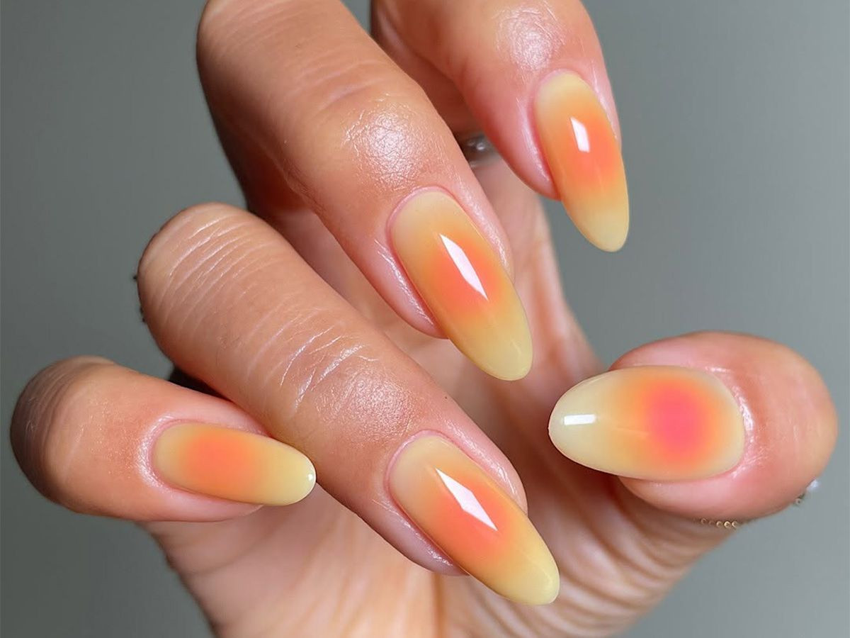 Glossy Yellow Base with Pink Orange Aura Glossy Yellow Base with Pink Orange Aura — Pink and Orange Sunset Nails 2027