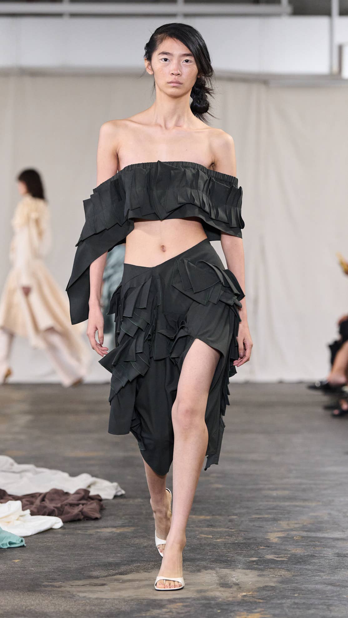 Dark Grey Off-Shoulder Ruffled Crop Top with Matching Skirt — Off the Shoulder Top Outfits 2027