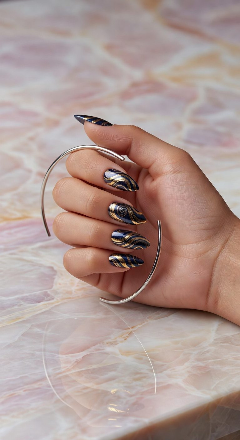Deep Navy Gold Swirl Stilettos Deep Navy Gold Swirl Stilettos — Swirl Nails 2027