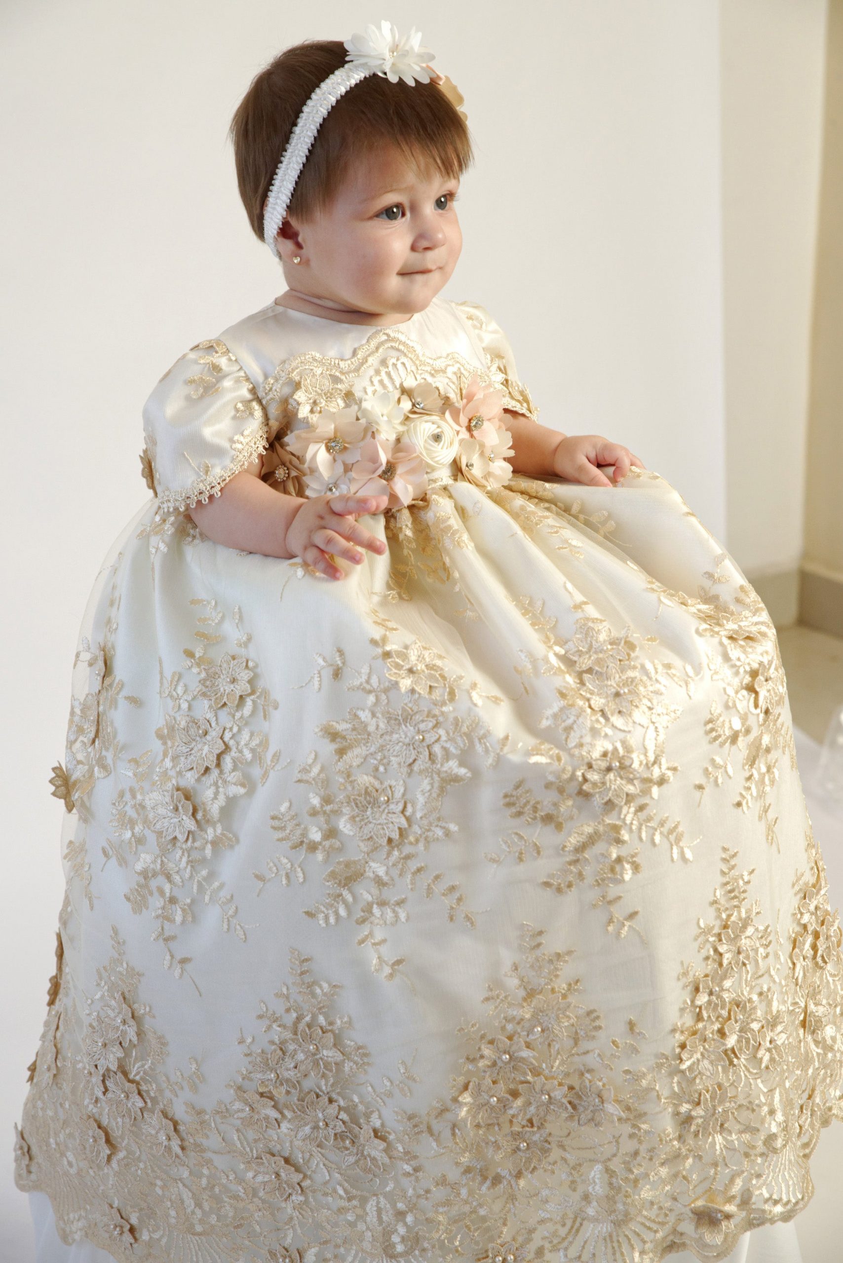 Ivory Satin Gown with Gold Lace Overlay and Floral Accents — Christening Outfits 2027