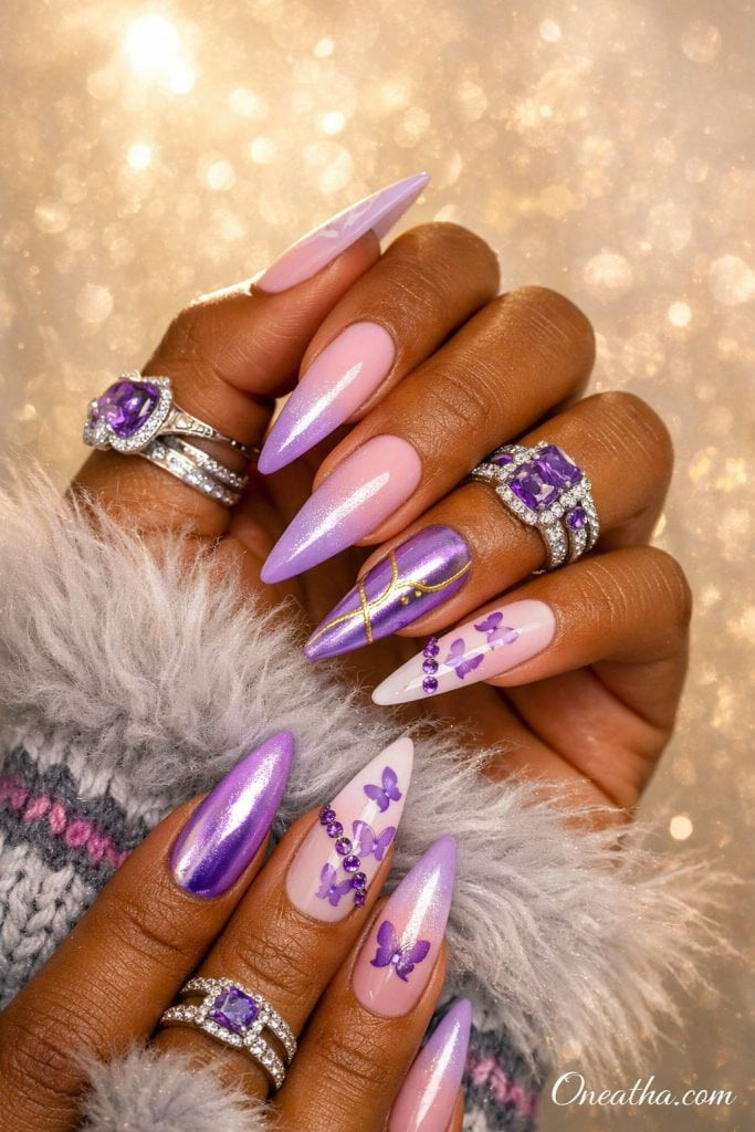 Metallic Purple Gradient with Butterflies — Butterfly Airbrush Nails 2027
