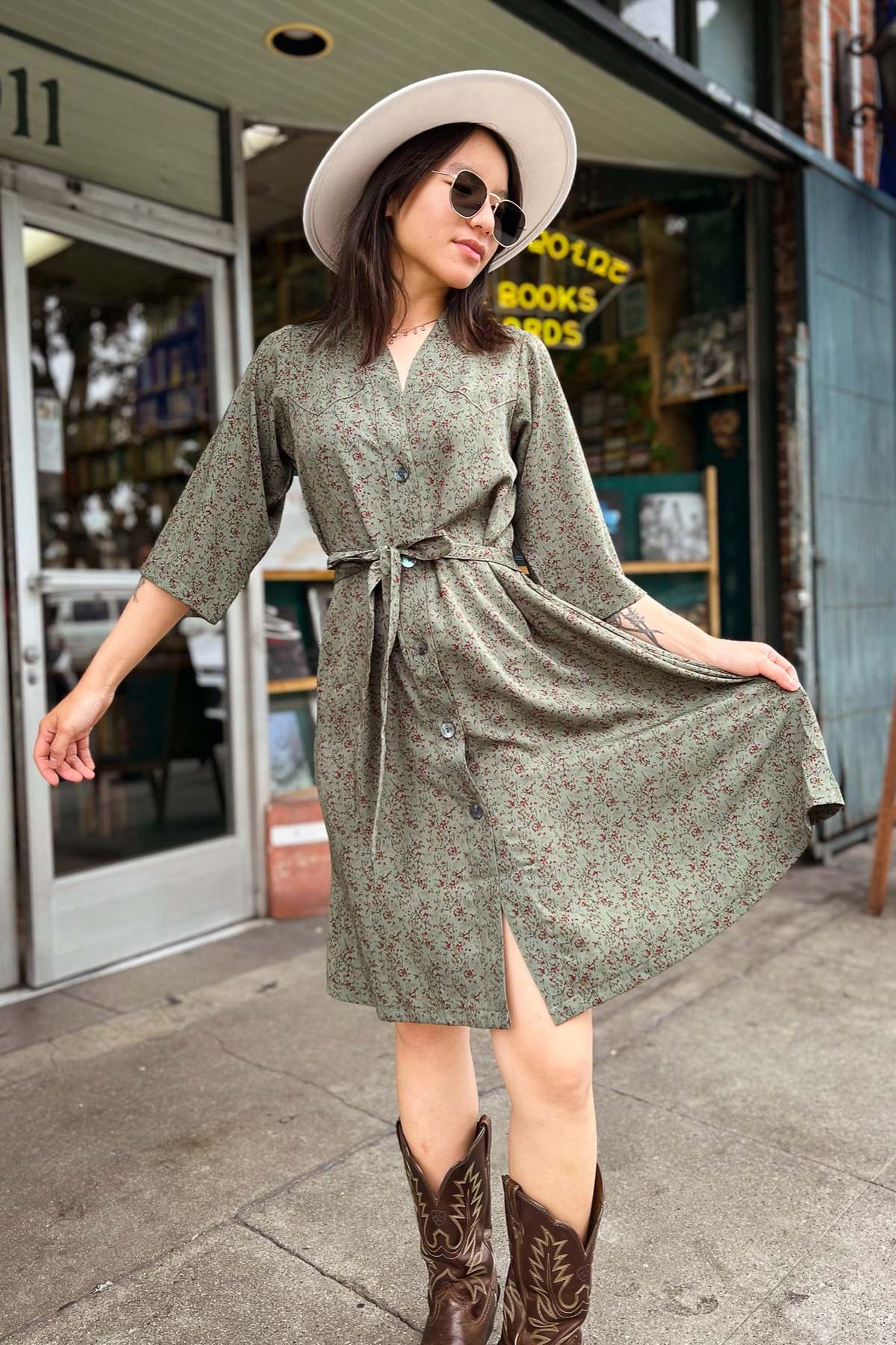 Olive Green Floral Midi Dress with Tie Waist Olive Green Floral Midi Dress with Tie Waist — Cowgirl Dress 2027