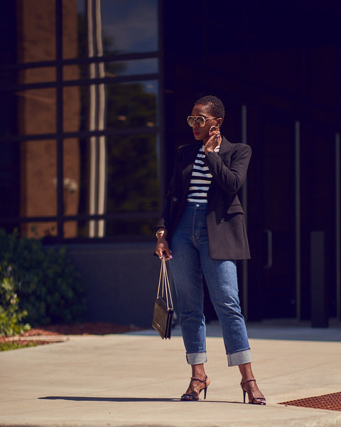 Chic Black Blazer with Striped Tee and Cuffed Jeans Chic Black Blazer with Striped Tee and Cuffed Jeans — Winter Blue Outfits 2027