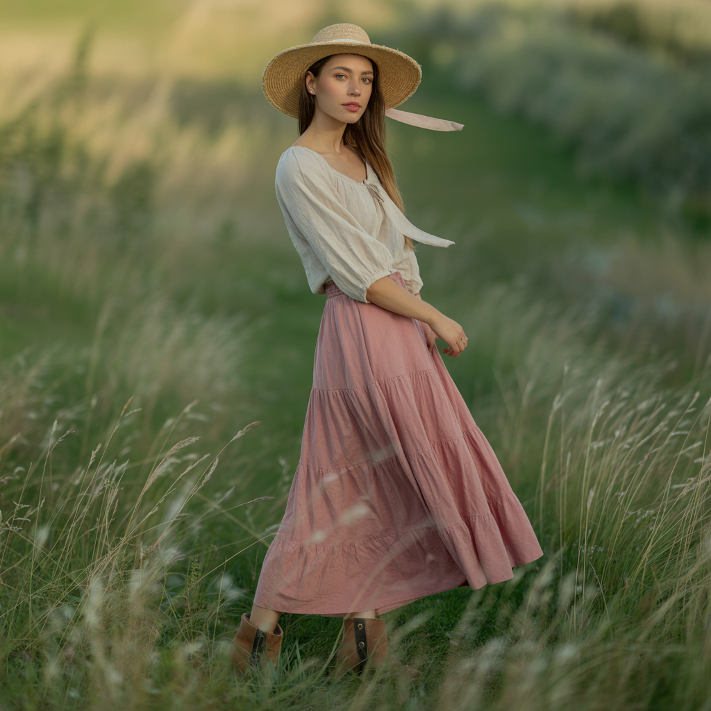 Peasant Blouse and Dusty Pink Tiered Maxi Skirt with Straw Hat — Fairycore Outfits 2027