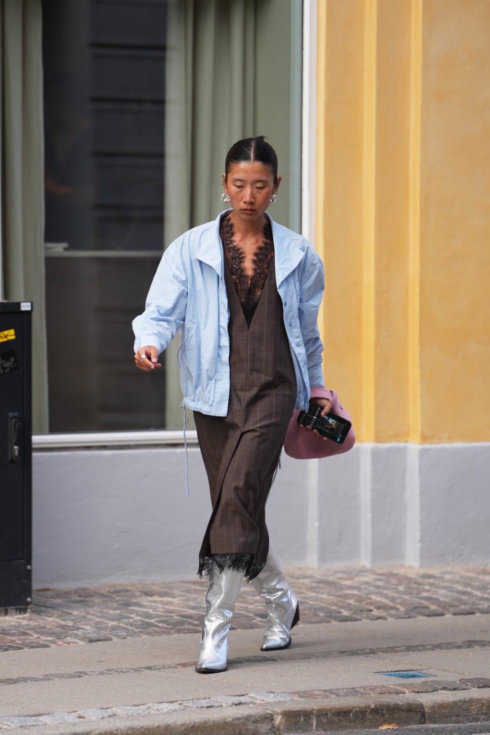 Checked Slip Dress with Windbreaker and Metallic Boots — Slip Dress Outfits 2027